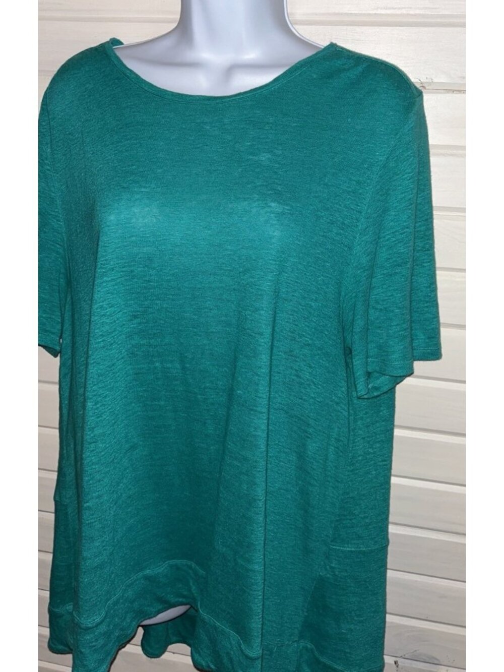Chicos Sz 2 (LARGE) Green Linen Short Sleeve Top Tunic Slub Knit EUC